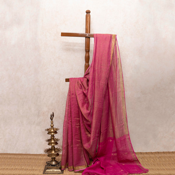 Handloom Handwoven Linen Tissue Saree With Jamdani Zari Motif, With Blouse Piece (Pink)