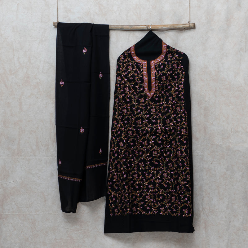 Black Kashmiri Sozni Hand Embroidered Woollen Kurta & Bottom Fabric With Sozni Embroidery Wollen Stole