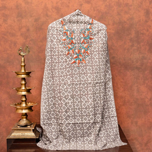 Hand Block Cotton Kurta Fabric With Kashmiri Hand Embroidery & Cotton Linen Chikankari Hand Embroidered Stole