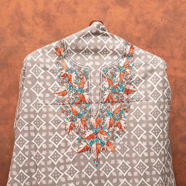 Hand Block Cotton Kurta Fabric With Kashmiri Hand Embroidery & Cotton Linen Chikankari Hand Embroidered Stole