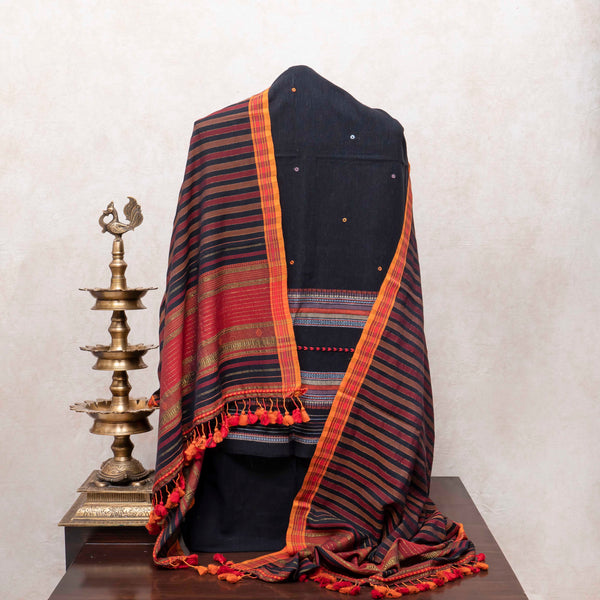Regal Black Handloom Kala Cotton Suit Set with Mirror Work & Kutchi Weave Dupatta