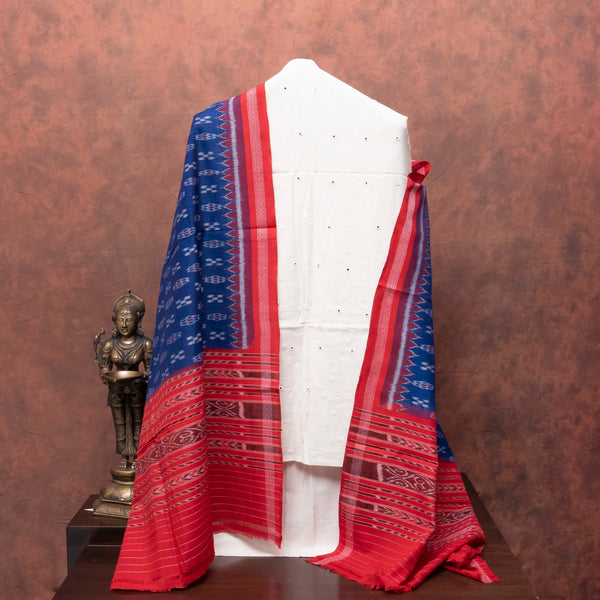 Elegant Handloom Kala Cotton Suit Set with Mirror Work & Ikat Dupatta