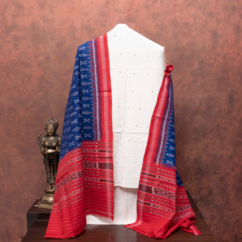Elegant Handloom Kala Cotton Suit Set with Mirror Work & Ikat Dupatta