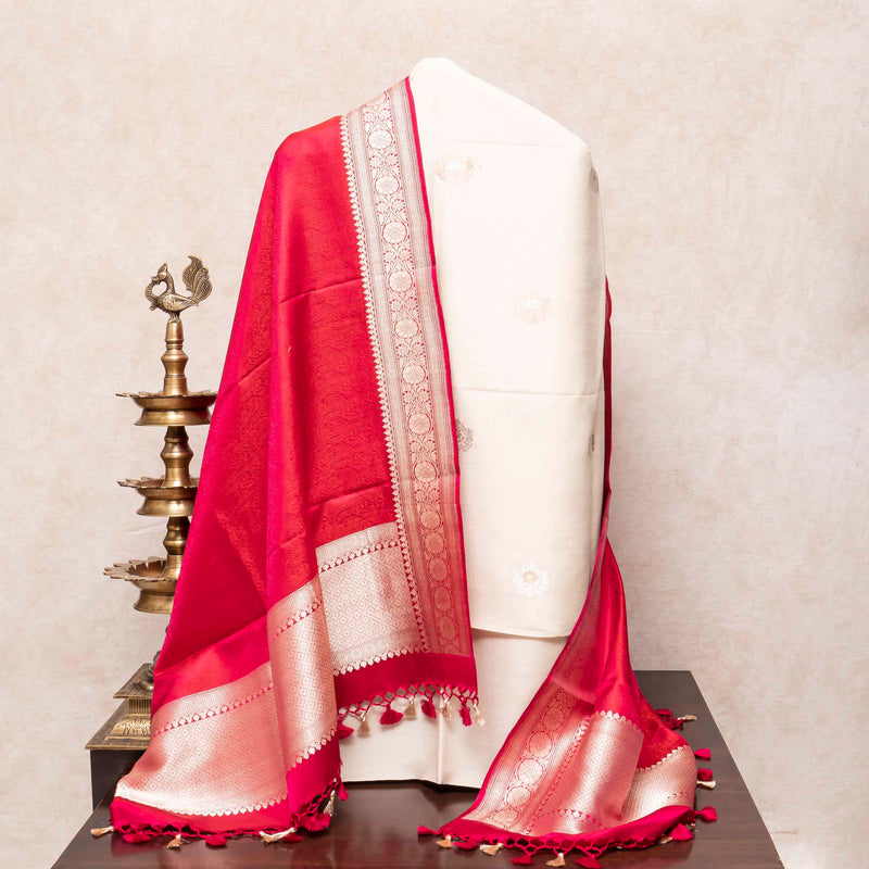 Handloom Muga Silk Kadwa Booty Kurta Fabric & Moga Silk Bottom With Pure Satin Silk Handloom Tanchoi Banarasi Dupatta