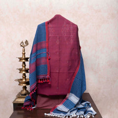 Maroon & Indigo Handloom Cotton Suit Set with Subtle Thread Embroidery