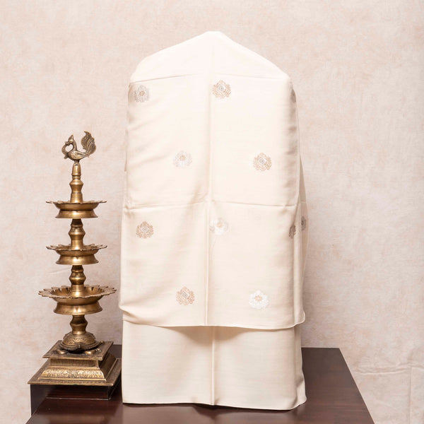 Handloom Muga Silk Kadwa Booty Kurta Fabric & Moga Silk Bottom With Pure Satin Silk Handloom Tanchoi Banarasi Dupatta