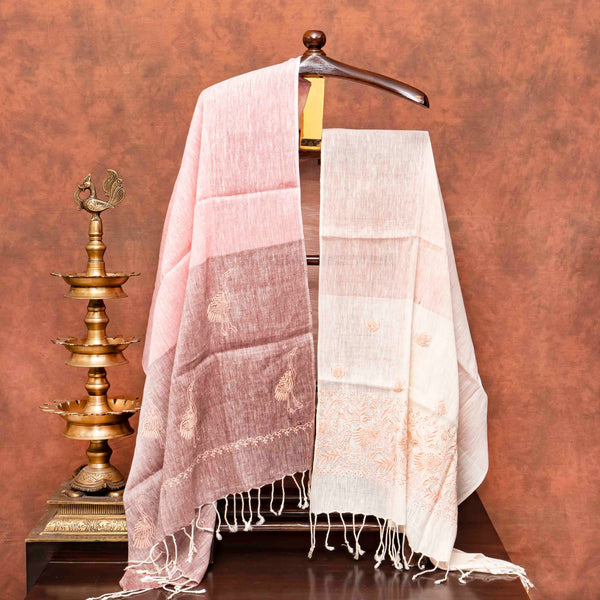 Hand Block Cotton Kurta Fabric With Kashmiri Hand Embroidery & Cotton Linen Chikankari Hand Embroidered Stole