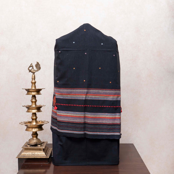 Regal Black Handloom Kala Cotton Suit Set with Mirror Work & Kutchi Weave Dupatta