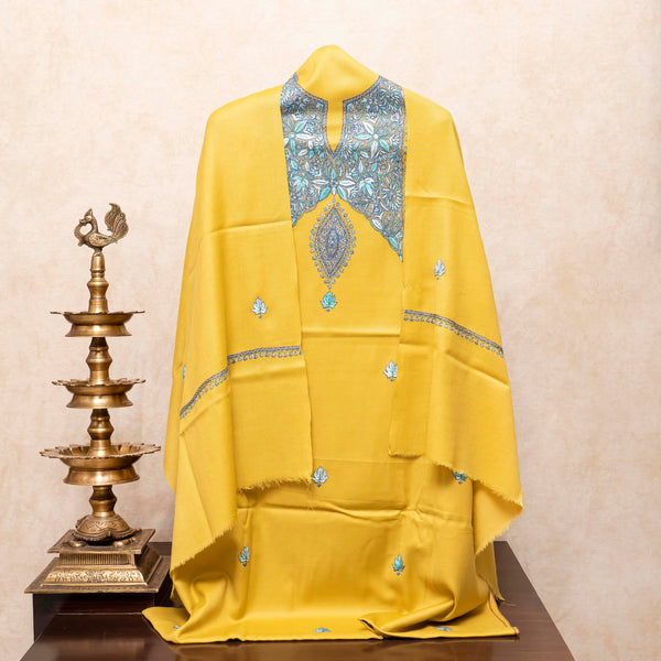 Woollen Kashmiri Hand Embroidered Kurta Fabric, Woollen Plain Bottom & Wollen Hand Embroidered Stole