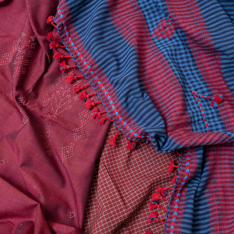 Maroon & Indigo Handloom Cotton Suit Set with Subtle Thread Embroidery