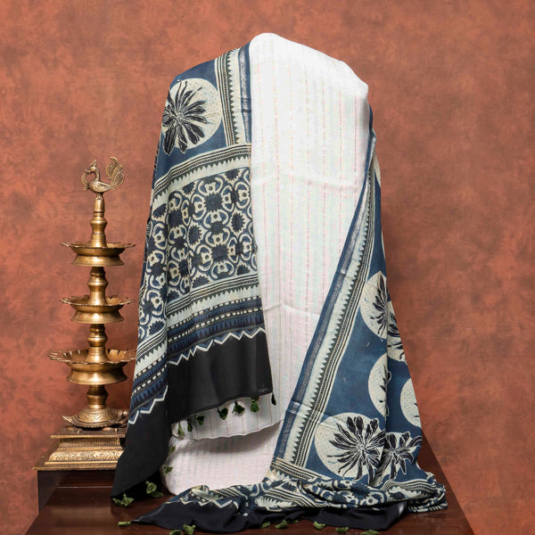 Handloom Linen Kurta Fabric Zari Stripes, Handloom Cotton Bottom Fabric With Zari Stripes & Handloom Cotton Dupatta With Ajrakh