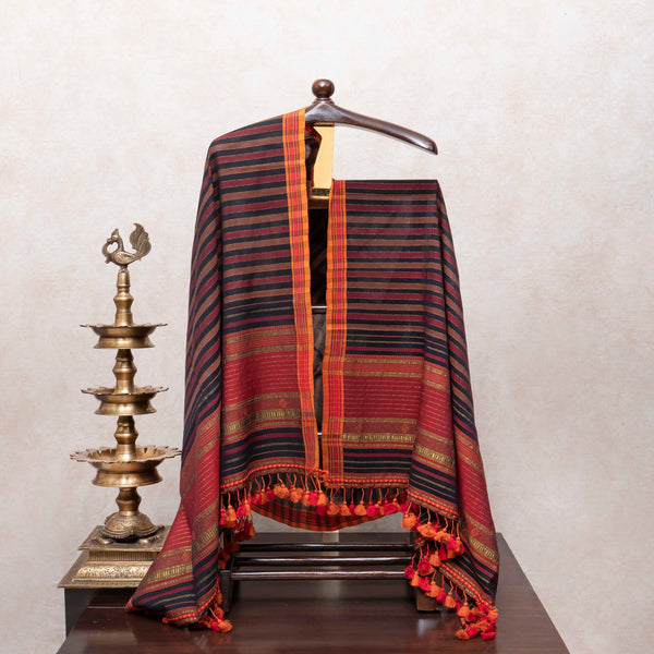 Regal Black Handloom Kala Cotton Suit Set with Mirror Work & Kutchi Weave Dupatta