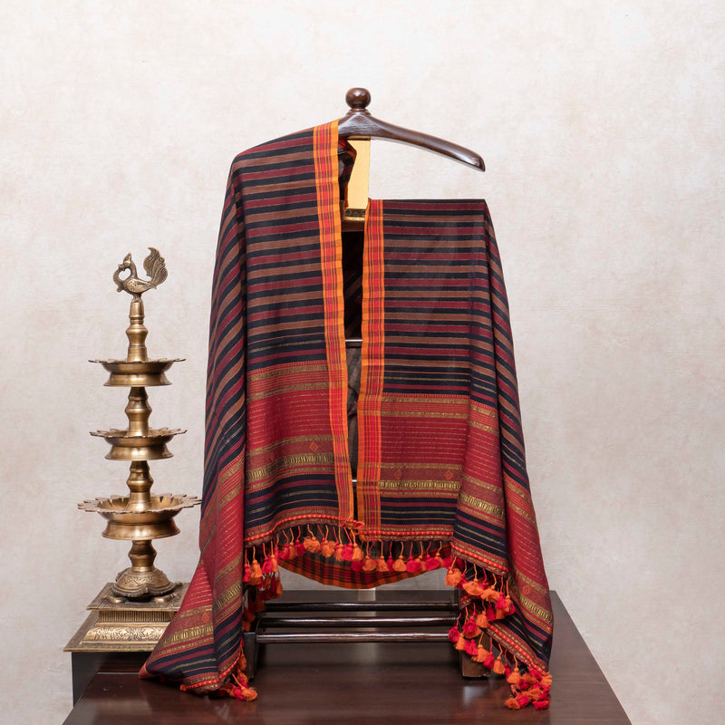 Regal Black Handloom Kala Cotton Suit Set with Mirror Work & Kutchi Weave Dupatta