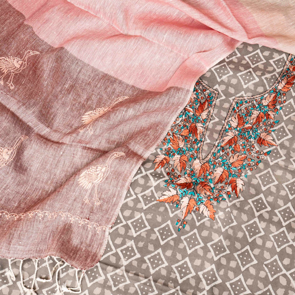 Hand Block Cotton Kurta Fabric With Kashmiri Hand Embroidery & Cotton Linen Chikankari Hand Embroidered Stole