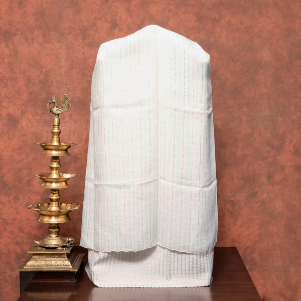 Handloom Linen Kurta Fabric Zari Stripes, Handloom Cotton Bottom Fabric With Zari Stripes & Handloom Cotton Dupatta With Ajrakh