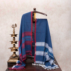 Maroon & Indigo Handloom Cotton Suit Set with Subtle Thread Embroidery