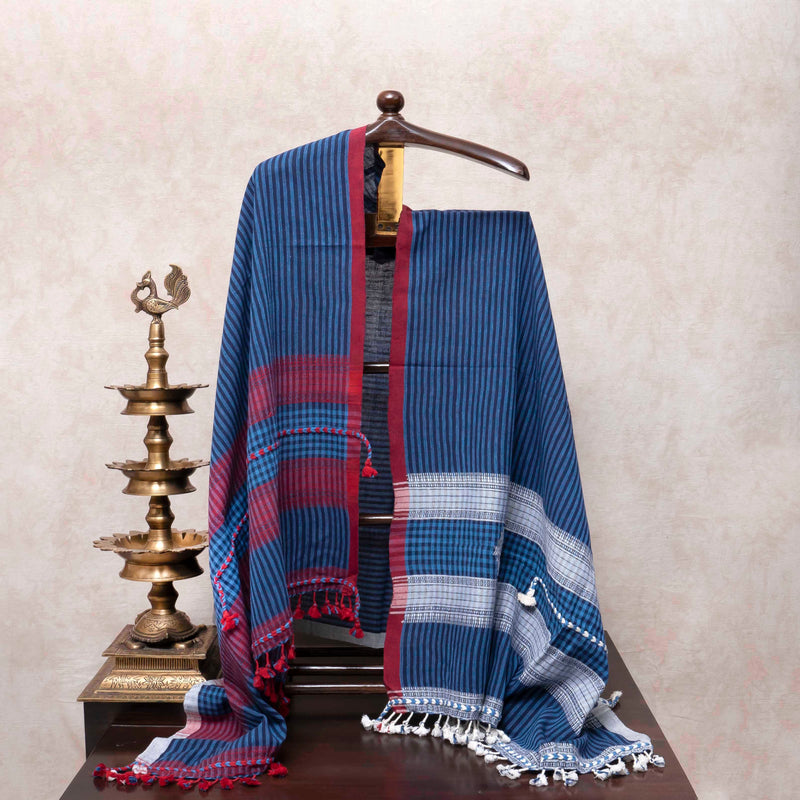 Maroon & Indigo Handloom Cotton Suit Set with Subtle Thread Embroidery