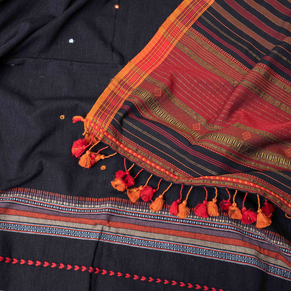 Regal Black Handloom Kala Cotton Suit Set with Mirror Work & Kutchi Weave Dupatta