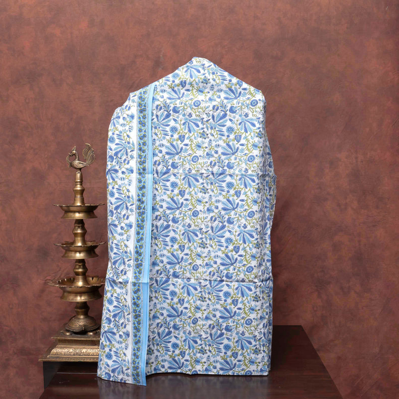 Serene Sky Handblock Cotton Suit Set with Kota Doria Dupatta