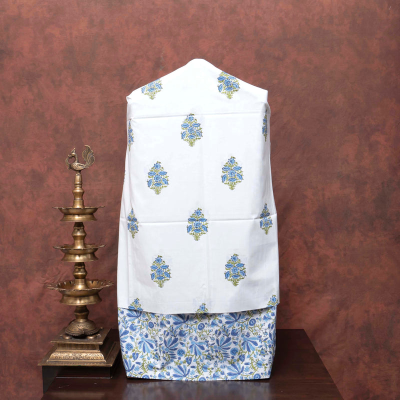 Serene Sky Handblock Cotton Suit Set with Kota Doria Dupatta