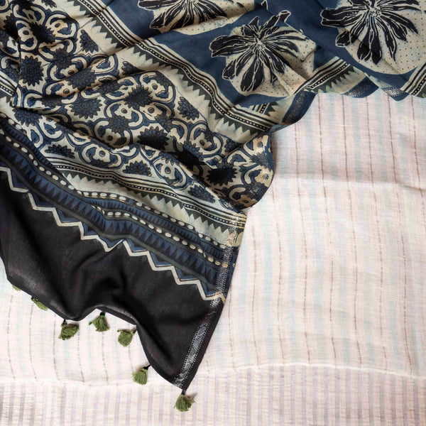 Handloom Linen Kurta Fabric Zari Stripes, Handloom Cotton Bottom Fabric With Zari Stripes & Handloom Cotton Dupatta With Ajrakh