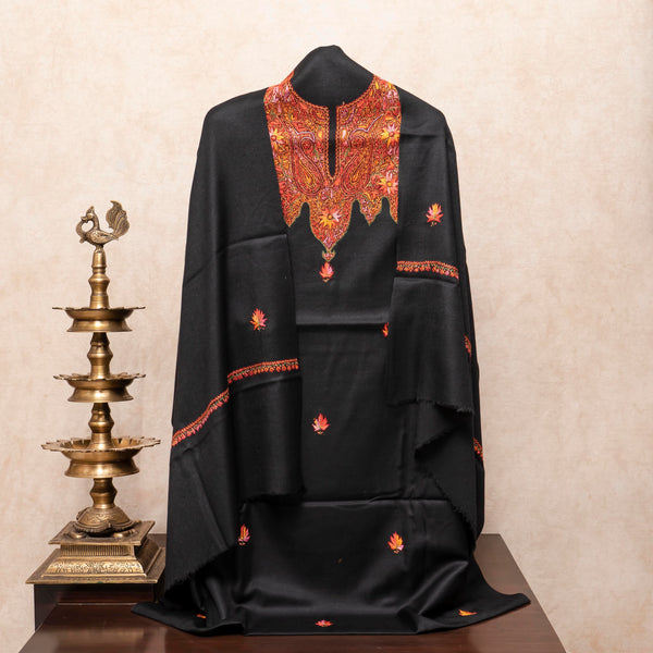 Woollen Kashmiri Hand Embroidered Kurta Fabric, Woollen Plain Bottom & Wollen Hand Embroidered Stole