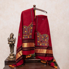 Handwoven Red Woollen Shawl With Mirror Work