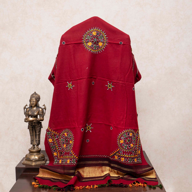 Handwoven Red Woollen Shawl With Mirror Work