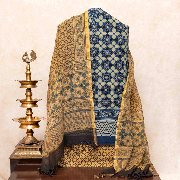 Hand Block Ajrakh Cotton Kurta Fabric, Bottom Fabric & Hand Block Ajrakh Kota Doria Dupatta