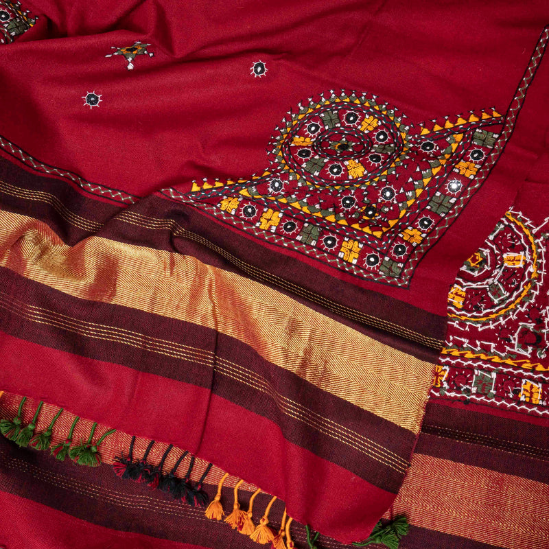 Handwoven Red Woollen Shawl With Mirror Work