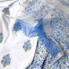 Serene Sky Handblock Cotton Suit Set with Kota Doria Dupatta