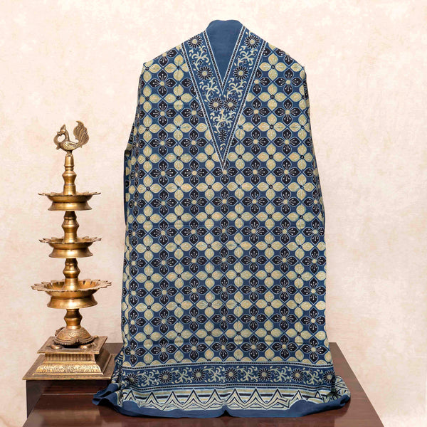 Hand Block Ajrakh Cotton Kurta Fabric, Bottom Fabric & Hand Block Ajrakh Kota Doria Dupatta