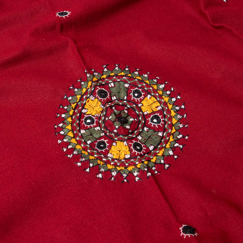 Handwoven Red Woollen Shawl With Mirror Work