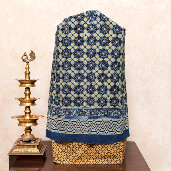 Hand Block Ajrakh Cotton Kurta Fabric, Bottom Fabric & Hand Block Ajrakh Kota Doria Dupatta