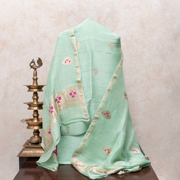 Pastel Mint Handloom Linen Silk Set with Kadwa Weave Detailing