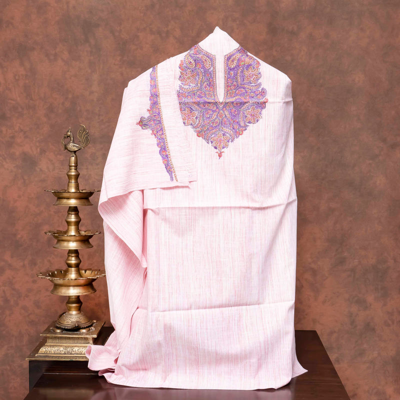 Handloom Cotton Kurta Fabric With Kashmiri Hand Embroidery & Cotton Bottom Fabric With Hand Block