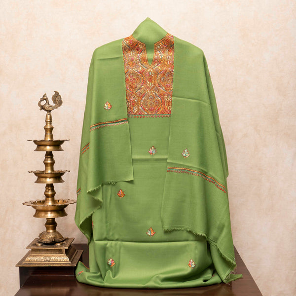 Woollen Kashmiri Hand Embroidered Kurta Fabric, Woollen Plain Bottom & Wollen Hand Embroidered Stole