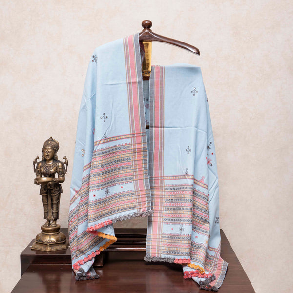Handwoven Woollen Sky Blue Shawl With Mirror Work