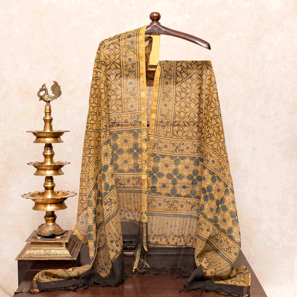 Hand Block Ajrakh Cotton Kurta Fabric, Bottom Fabric & Hand Block Ajrakh Kota Doria Dupatta