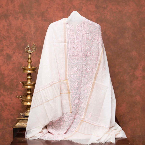 Mul Chanderi Kurta Fabric With Chikankari Hand Embroidery & Mul Chanderi Chikankari Dupatta