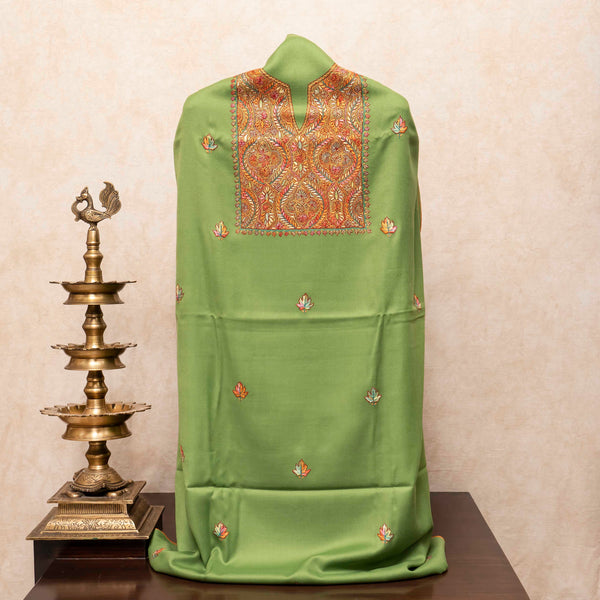 Woollen Kashmiri Hand Embroidered Kurta Fabric, Woollen Plain Bottom & Wollen Hand Embroidered Stole
