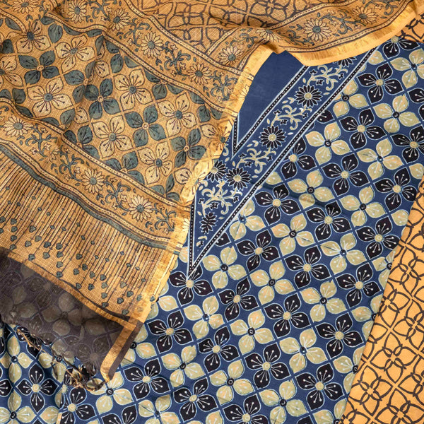 Hand Block Ajrakh Cotton Kurta Fabric, Bottom Fabric & Hand Block Ajrakh Kota Doria Dupatta