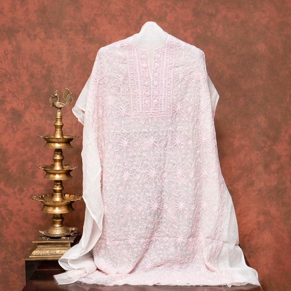 Mul Chanderi Kurta Fabric With Chikankari Hand Embroidery & Mul Chanderi Chikankari Dupatta