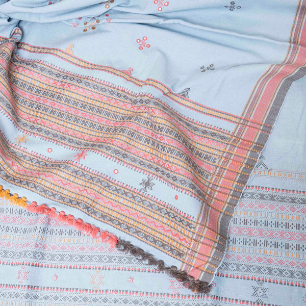 Handwoven Woollen Sky Blue Shawl With Mirror Work