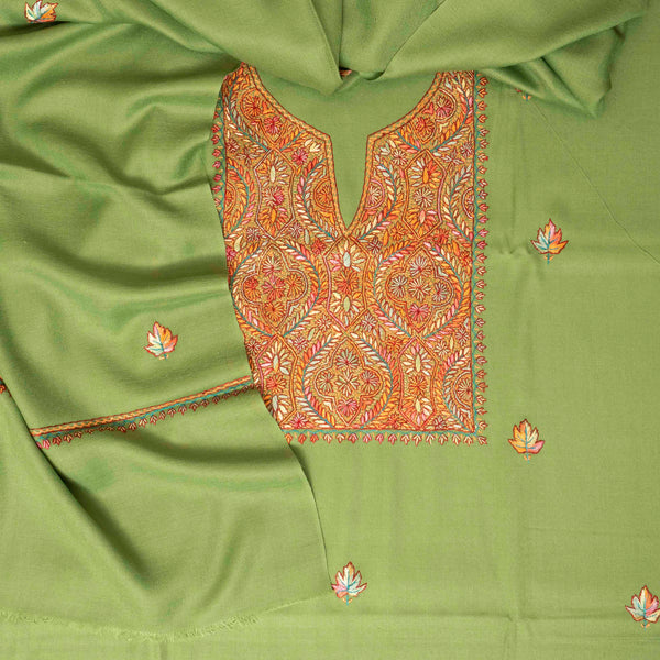 Woollen Kashmiri Hand Embroidered Kurta Fabric, Woollen Plain Bottom & Wollen Hand Embroidered Stole