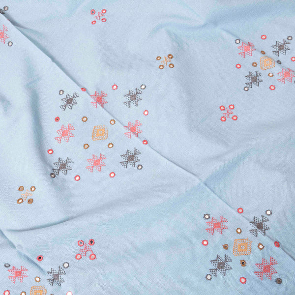 Handwoven Woollen Sky Blue Shawl With Mirror Work