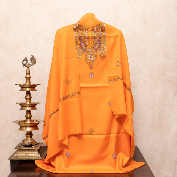 Woollen Kashmiri Hand Embroidered Kurta Fabric, Woollen Plain Bottom & Wollen Hand Embroidered Stole