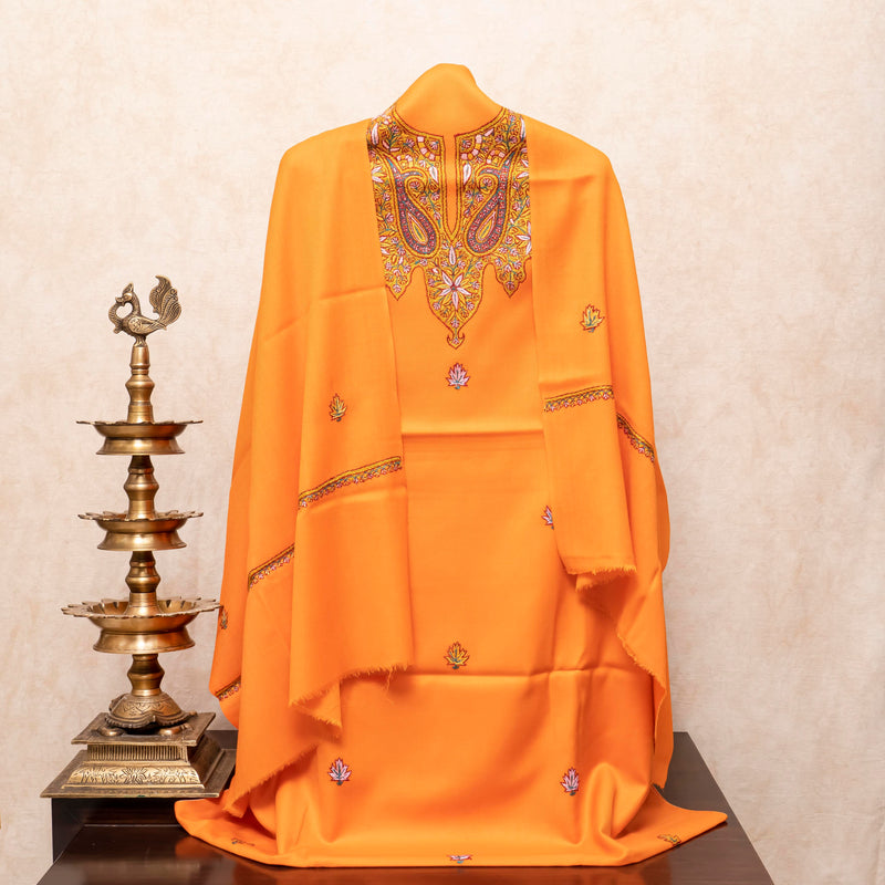 Woollen Kashmiri Hand Embroidered Kurta Fabric, Woollen Plain Bottom & Wollen Hand Embroidered Stole
