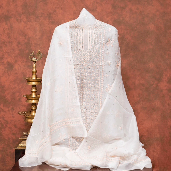 Organza Silk Chikankari Kurta Fabric With Mukaish & Organza Silk Chikankari Dupatta