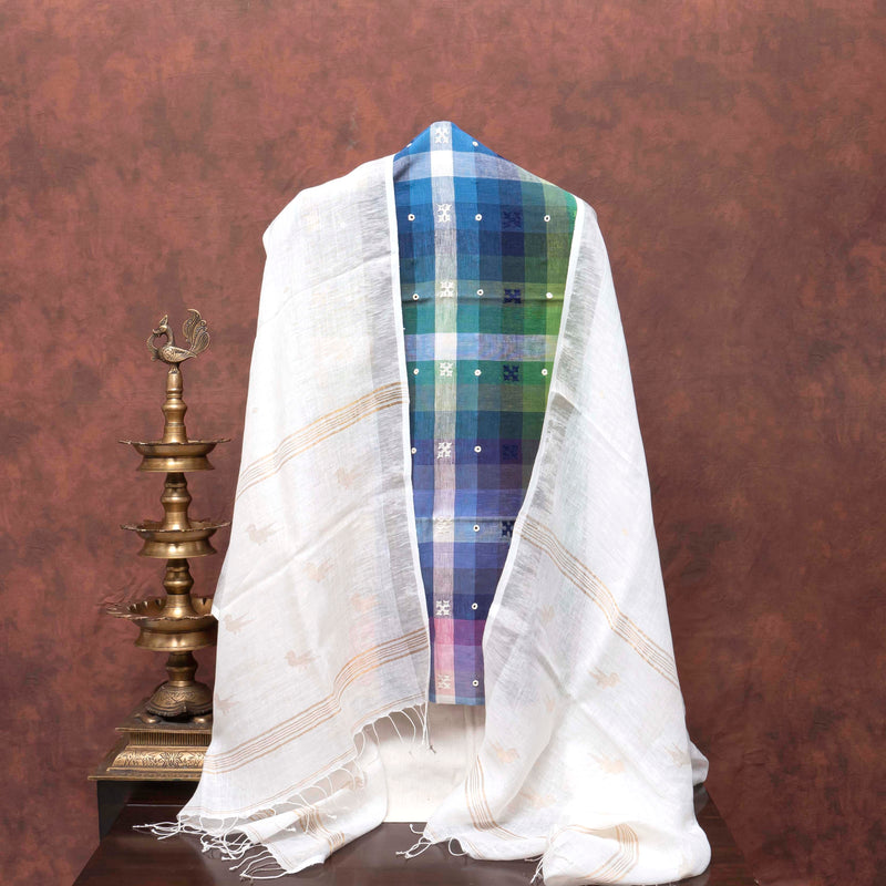 Handloom Heritage Multicolour Check Suit with Embroidery & Linen Dupatta